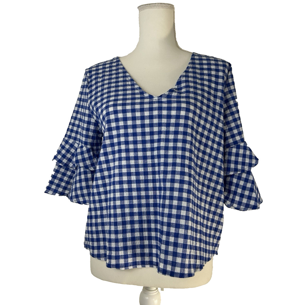 Cottage feminine Boutique White Birch Double Bell Sleeve Gingham Plaid Top Sz M